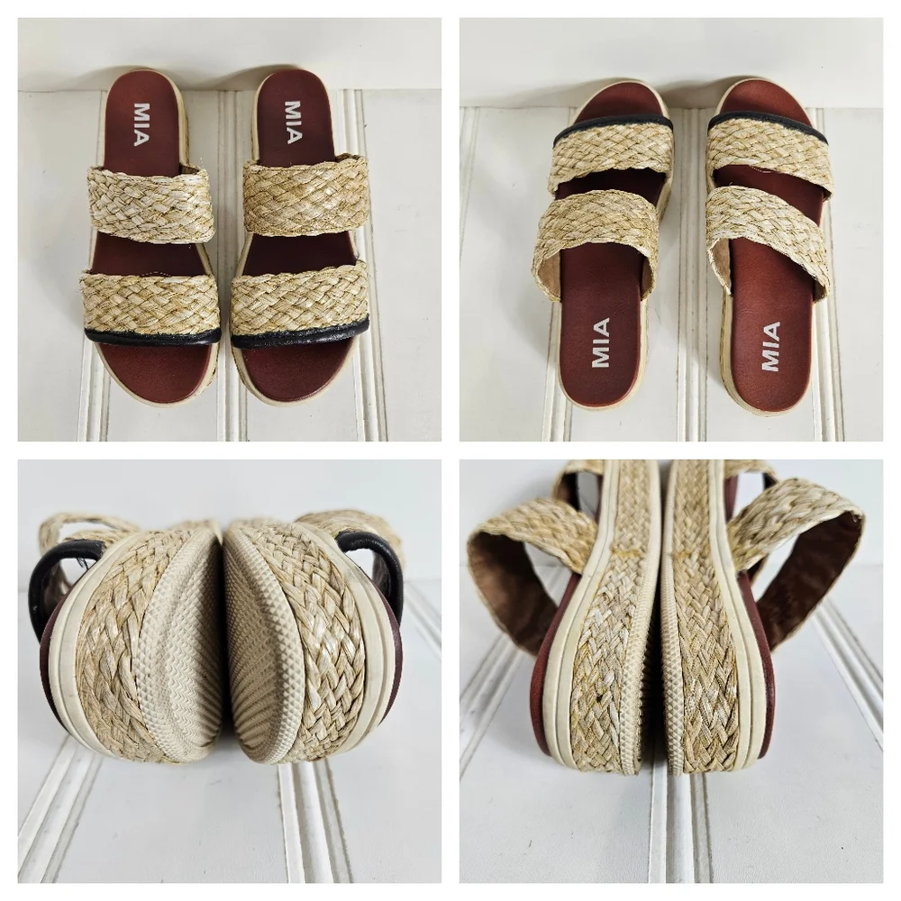 MIA Kady Platform Slide Sandals 6.5 Braided Raffia Slip On Natural Woven